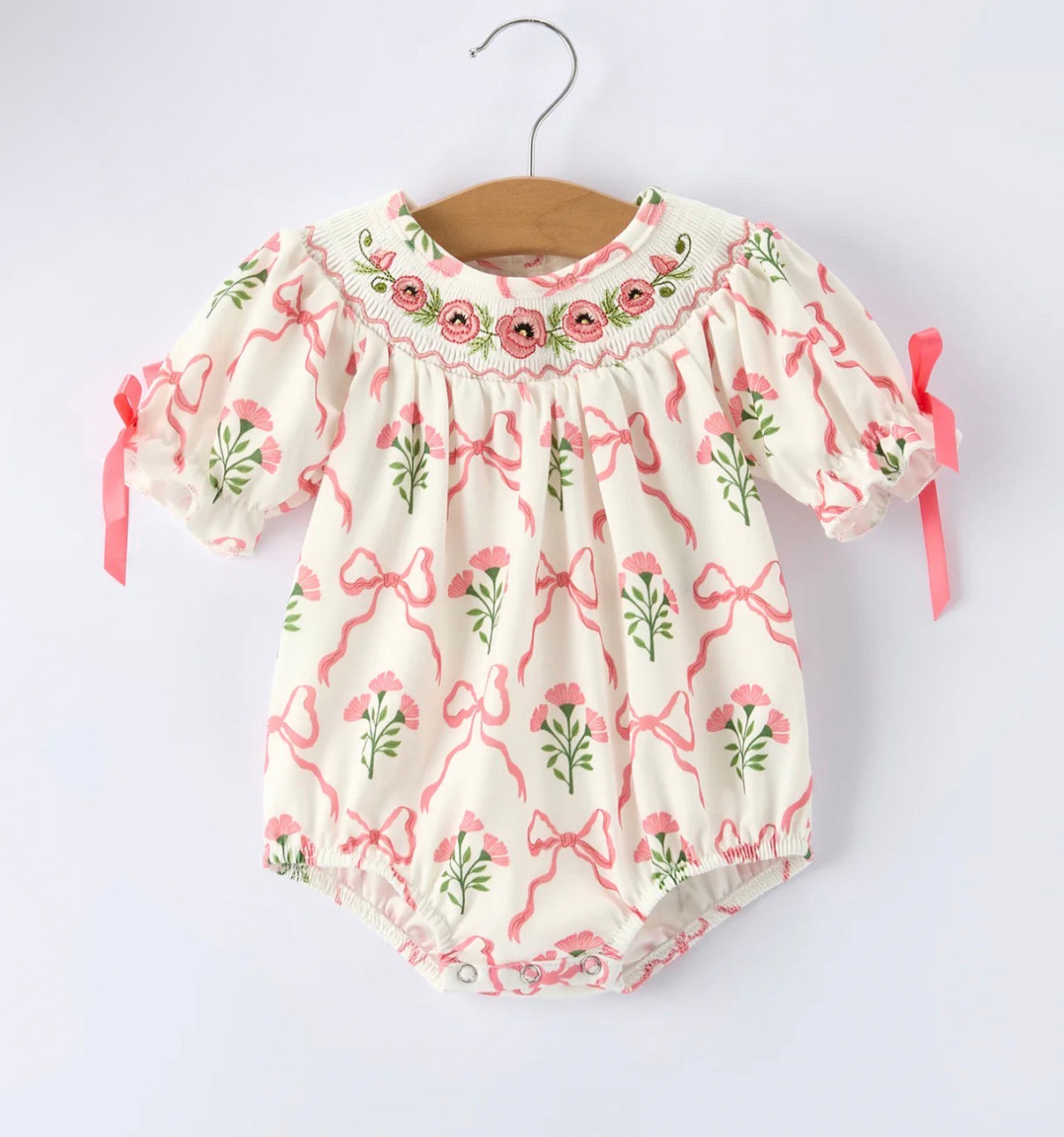 Spring Floral Smocking Embroidery Bow Baby Girls Romper
