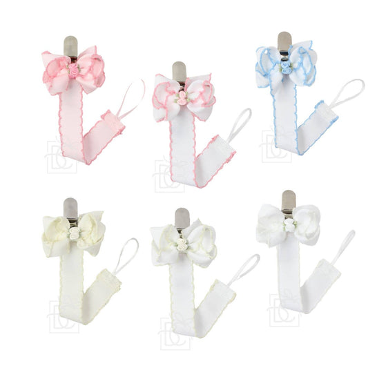 CROCHET EDGE PACIFIER CLIP W/ FLOWER EMBELLISHED BOW