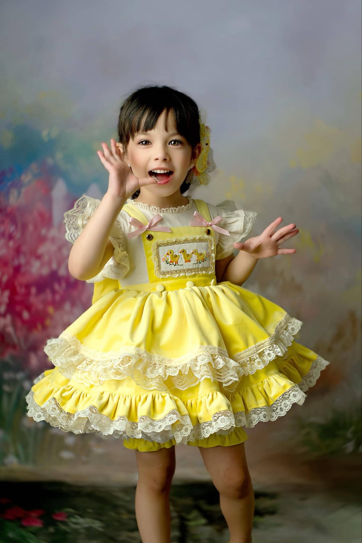 Three Little Ducklings – Hand Embroidered Vintage Inspired Velvet Cotton Boutique Girls Dress | Tulle Lace Heirloom Style Easter Dress