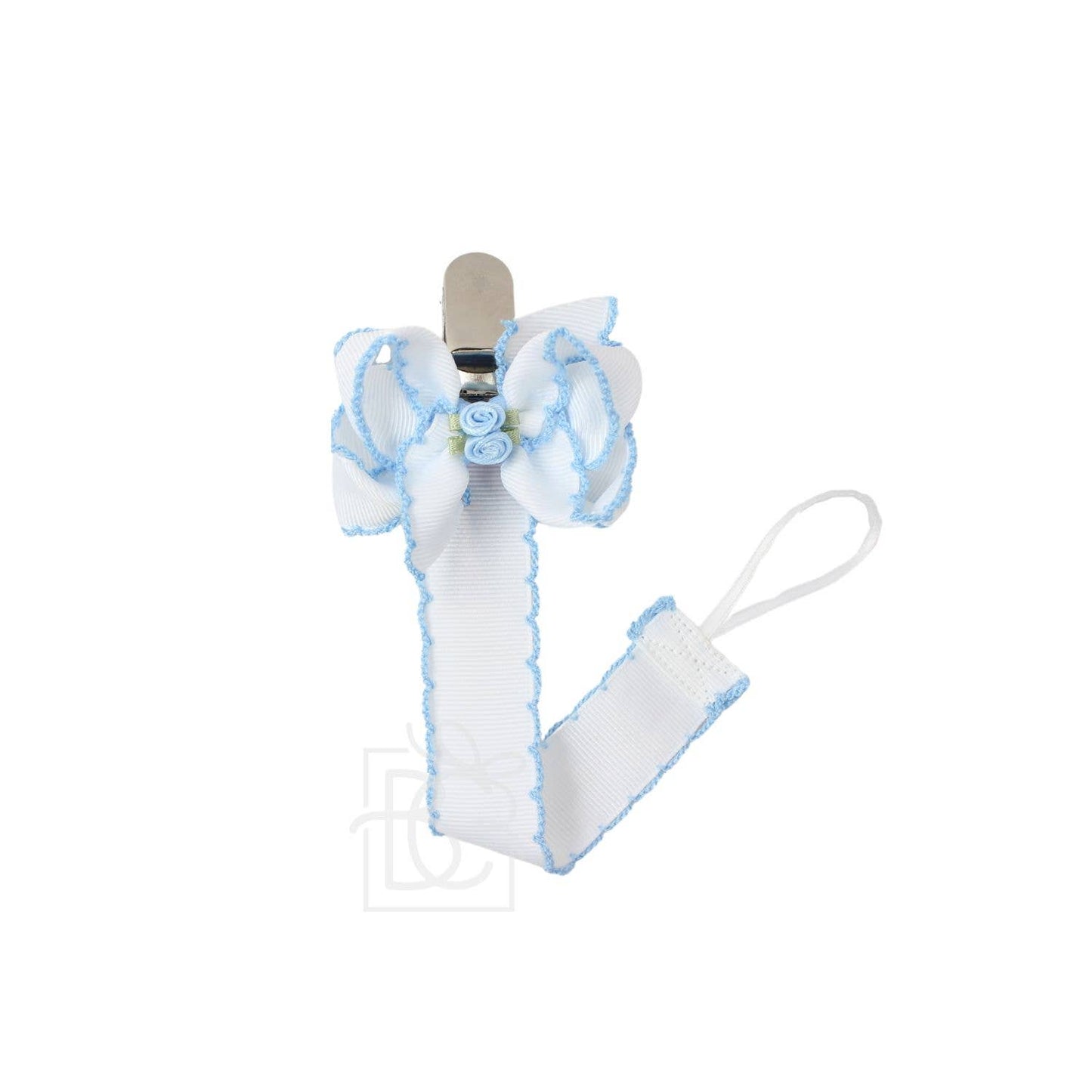 CROCHET EDGE PACIFIER CLIP W/ FLOWER EMBELLISHED BOW