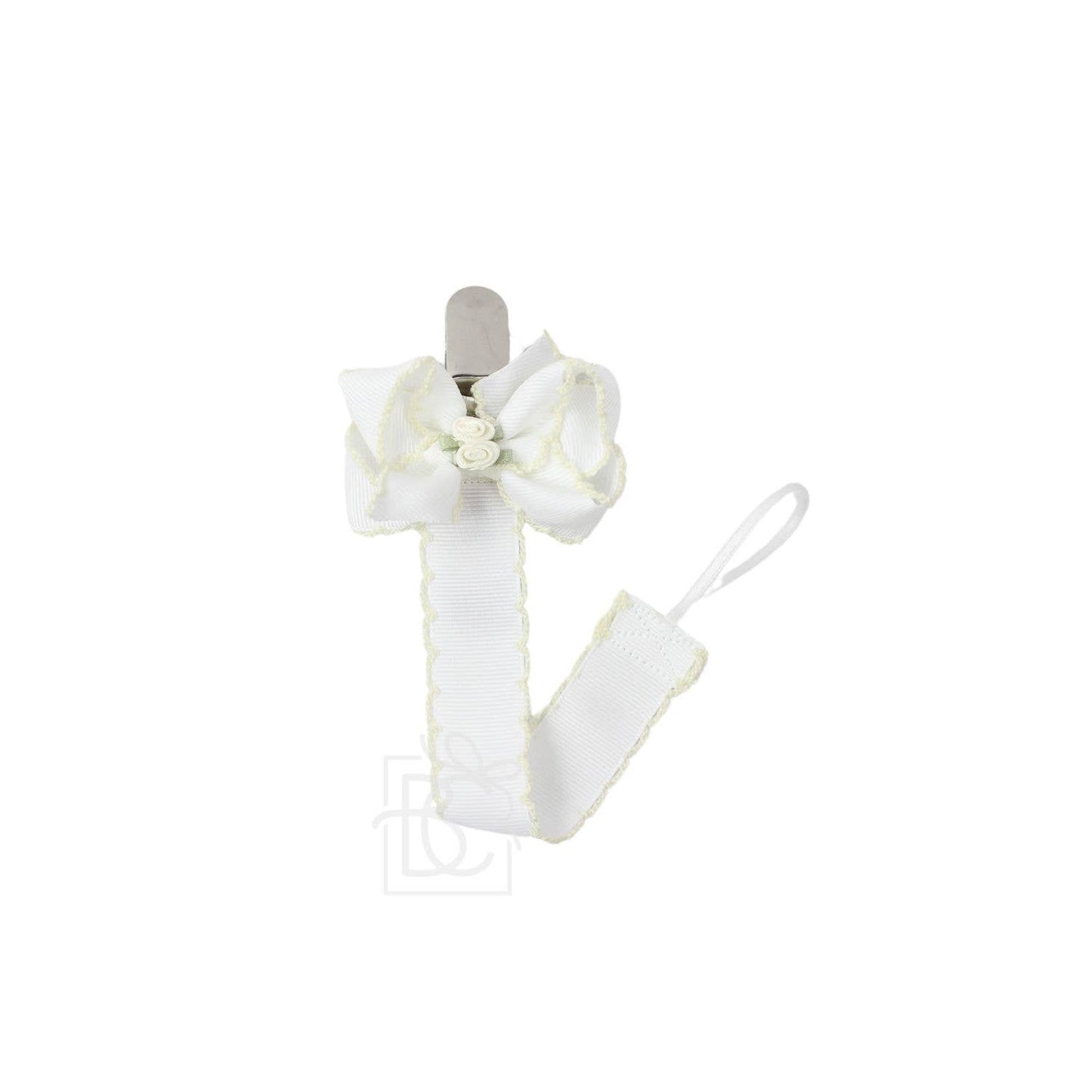 CROCHET EDGE PACIFIER CLIP W/ FLOWER EMBELLISHED BOW