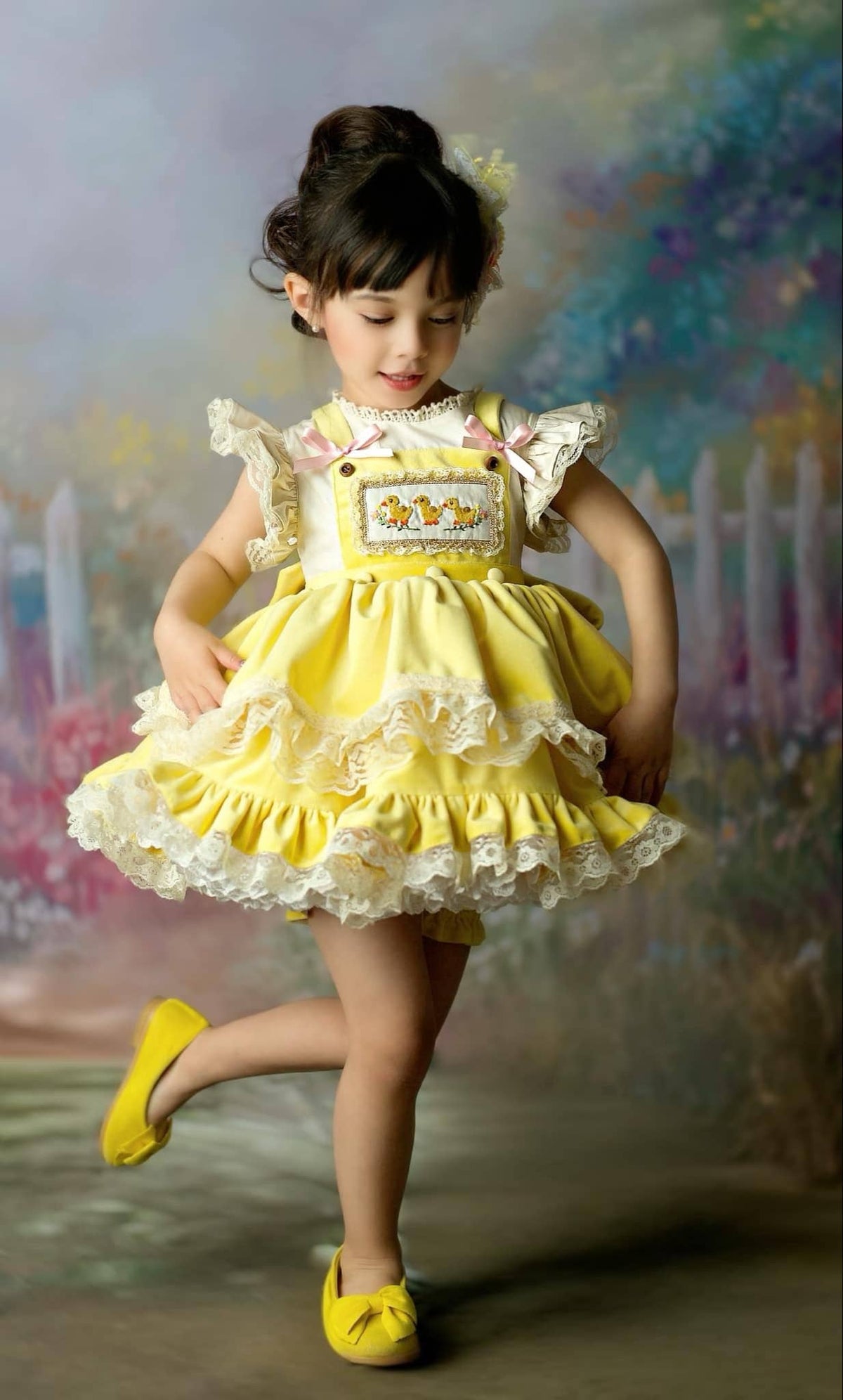 Three Little Ducklings – Hand Embroidered Vintage Inspired Velvet Cotton Boutique Girls Dress | Tulle Lace Heirloom Style Easter Dress