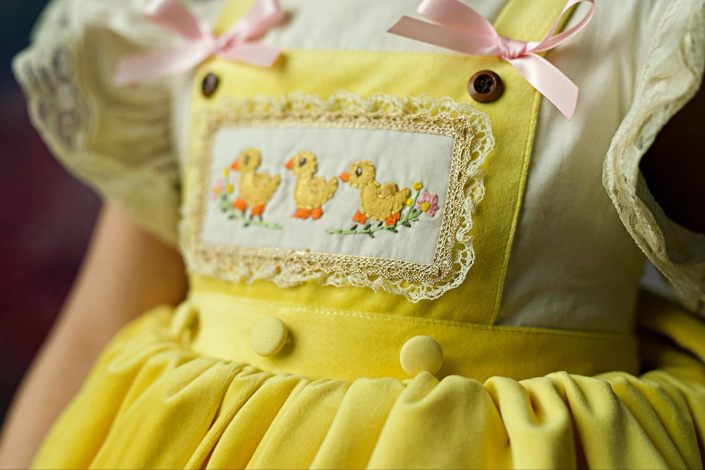 Three Little Ducklings – Hand Embroidered Vintage Inspired Velvet Cotton Boutique Girls Dress | Tulle Lace Heirloom Style Easter Dress