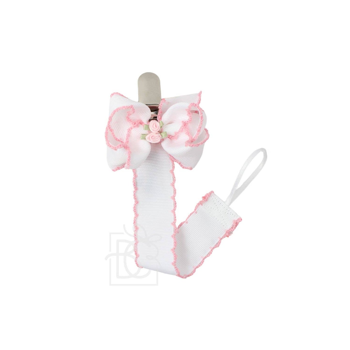 CROCHET EDGE PACIFIER CLIP W/ FLOWER EMBELLISHED BOW