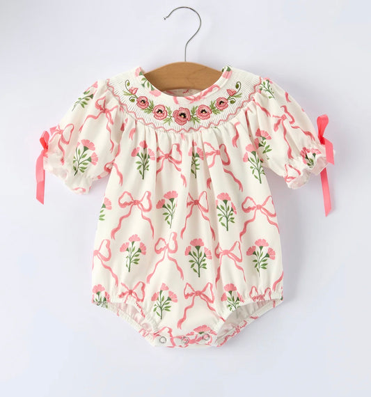 Spring Floral Smocking Embroidery Bow Baby Girls Romper