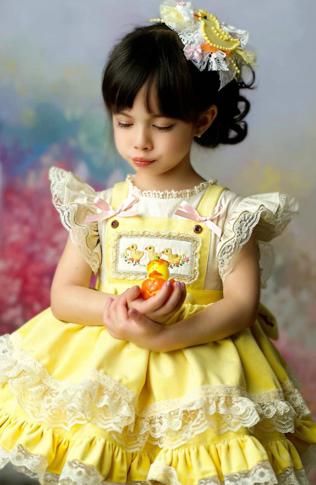 Three Little Ducklings – Hand Embroidered Vintage Inspired Velvet Cotton Boutique Girls Dress | Tulle Lace Heirloom Style Easter Dress