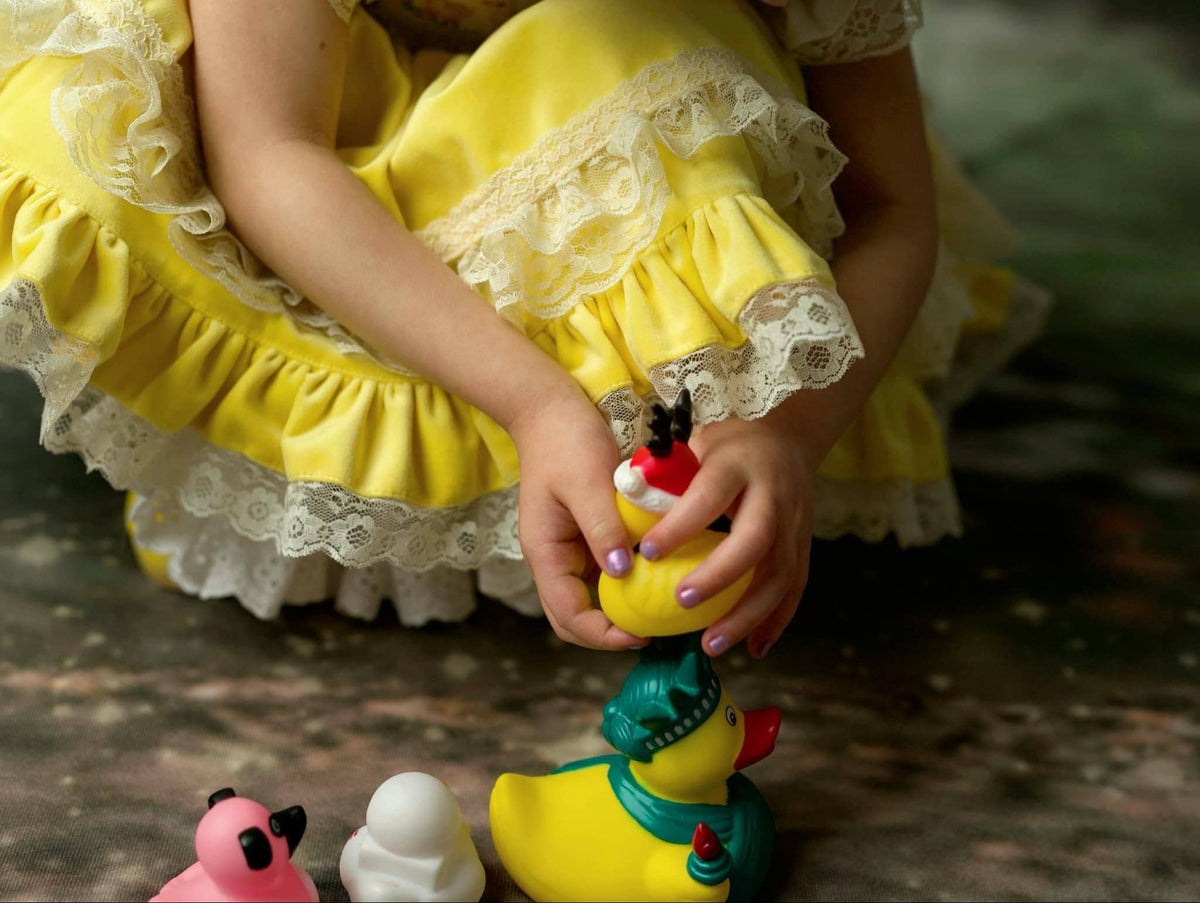 Three Little Ducklings – Hand Embroidered Vintage Inspired Velvet Cotton Boutique Girls Dress | Tulle Lace Heirloom Style Easter Dress