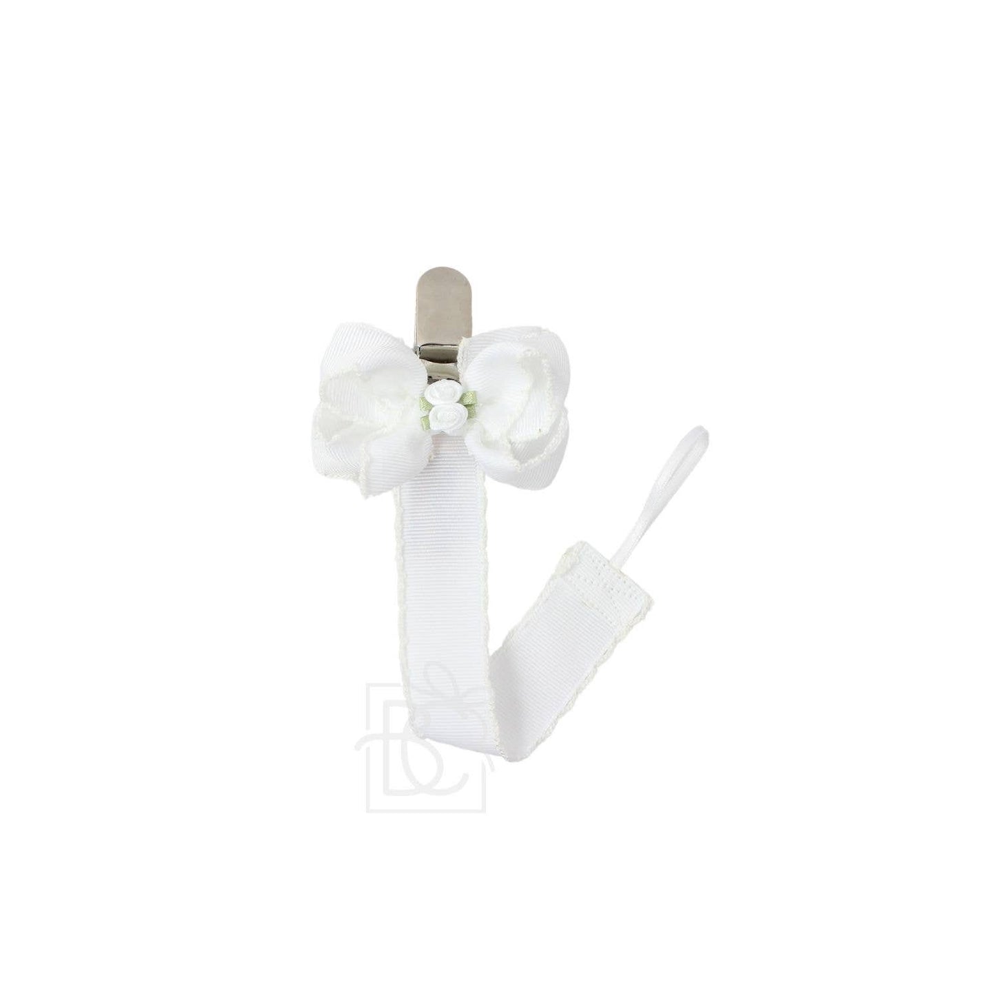 CROCHET EDGE PACIFIER CLIP W/ FLOWER EMBELLISHED BOW