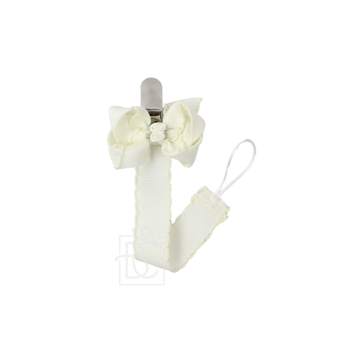 CROCHET EDGE PACIFIER CLIP W/ FLOWER EMBELLISHED BOW