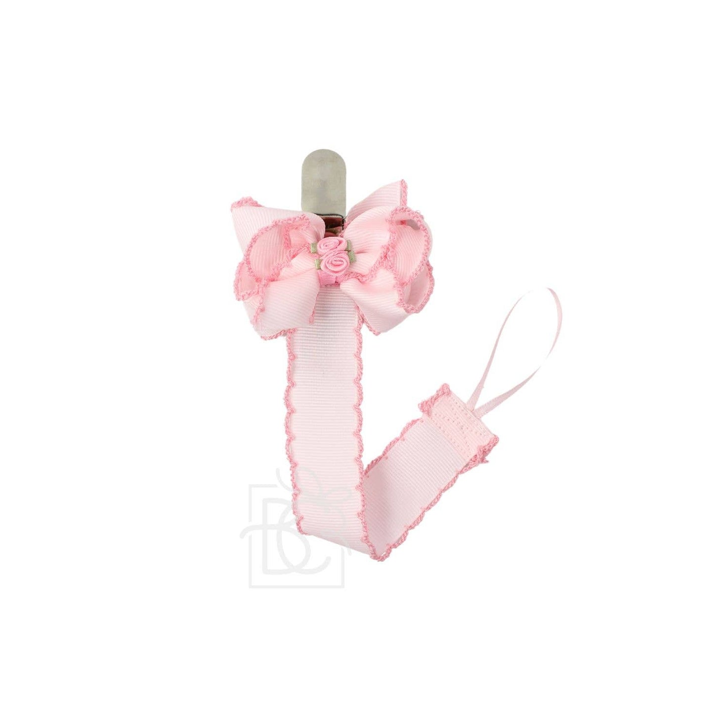 CROCHET EDGE PACIFIER CLIP W/ FLOWER EMBELLISHED BOW